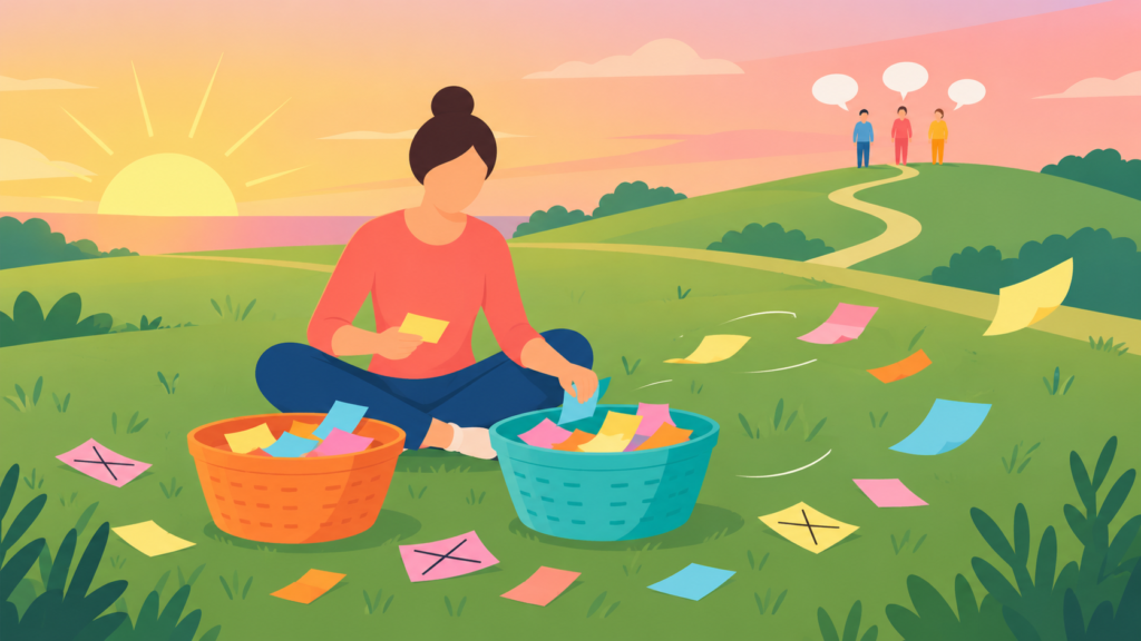 Illustration einer gesichtslosen Person, die bei Sonnenaufgang auf einer Wiese Zettel in zwei Körbe sortiert: Symbol dafür, Glaubenssätze zu erkennen und fremde Erwartungen von eigenen zu unterscheiden.