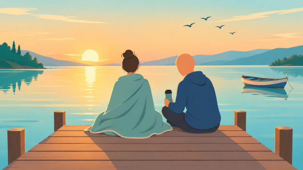 Zwei gesichtslose Figuren sitzen bei Sonnenaufgang auf einem Steg am See, eine Figur ist in eine Decke gehüllt: Illustration zum Thema Kündigung verarbeiten und Trauer zulassen.