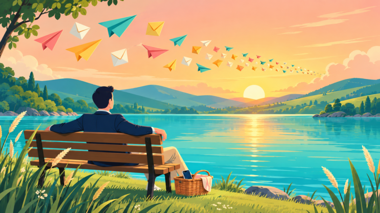 Illustration zum Thema Digital Detox: Eine gesichtslose Person in Business-Kleidung sitzt entspannt auf einer Bank am See, während das Smartphone im Korb liegt und bunte Nachrichten wie Papierflieger davonziehen.